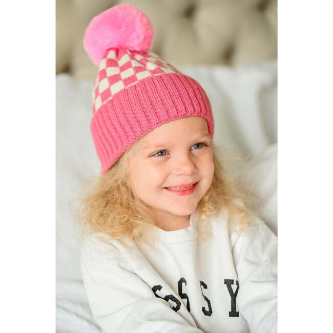 Checker Pom Beanie, Rose - Hats - 2