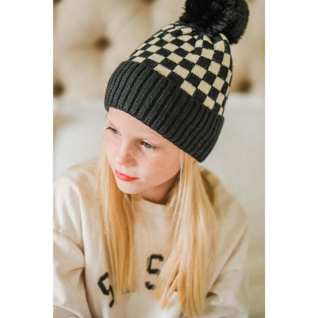 Checker Pom Beanie, Black - Hats - 3