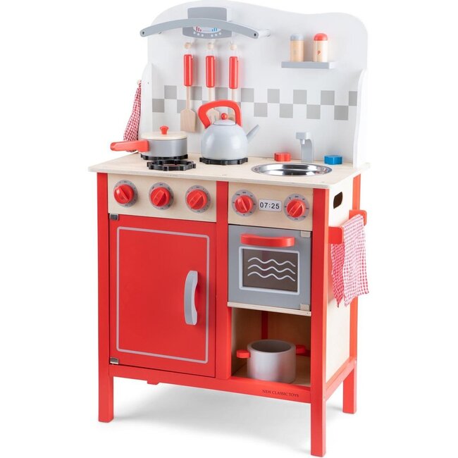 New Classic Toys Kitchenette Bon Appetit DeLuxe -Red, Educational Wooden Toys for 3y+