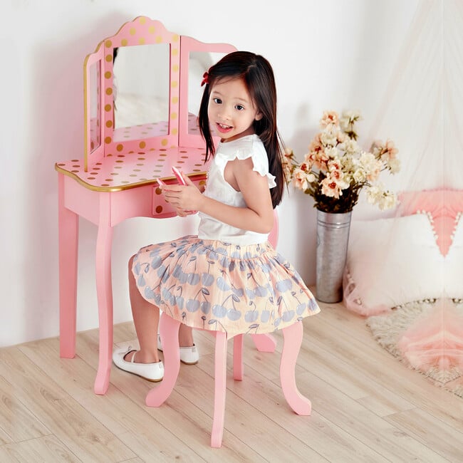 Fashion Polka Dot Prints Gisele Play Vanity Set, Pink/Gold - Kids Seating - 2