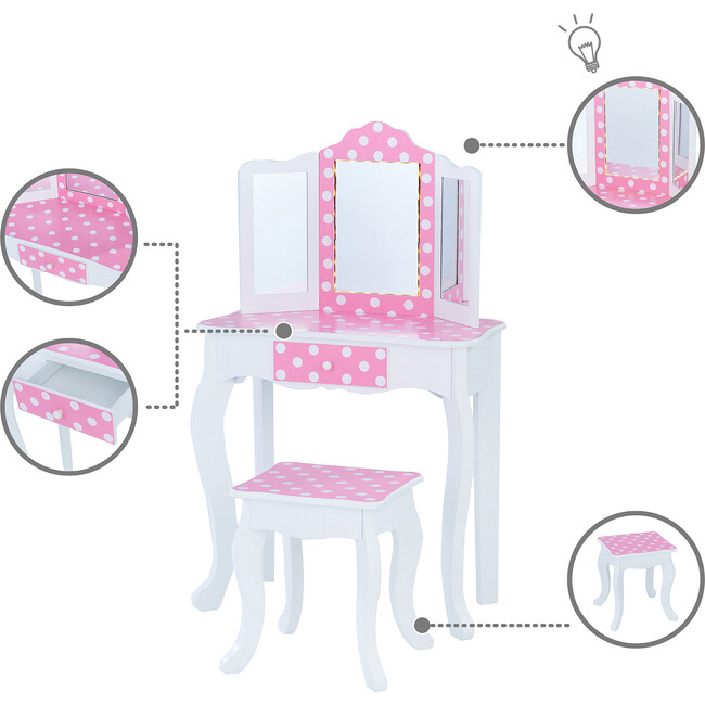 Teamson Kids Wooden Polka Dot 2-pc. Play LED Vanity, Pink/White - Kids Seating - 4