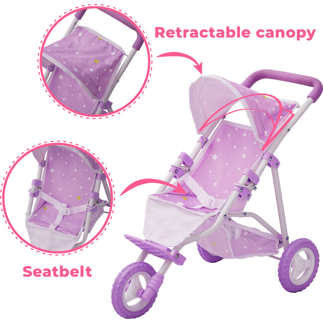 Olivia's Little World Doll Jogging-Style Stroller, Purple/Stars - Doll Accessories - 8