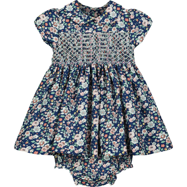 Glasgow Hand-Smocked Floral Baby Dress, Navy