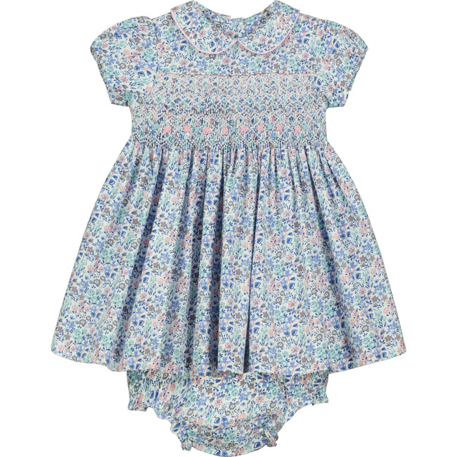 Strand Hand-Smocked Floral Baby Dress, Blue