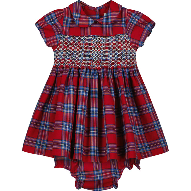 Hoxton Hand-Smocked Tartan Baby Dress, Red