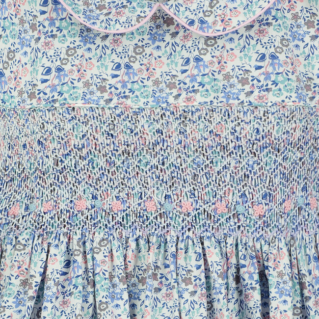 Shoreditch Hand-Smocked Floral Girls Dress, Blue - Dresses - 3