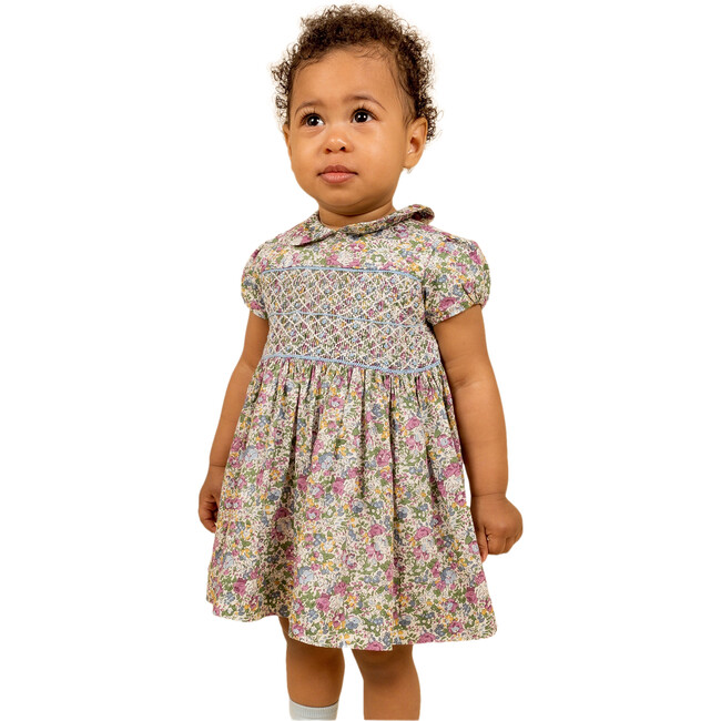 Sweet Pea Hand-Smocked Liberty Floral Print Baby Dress, Green - Dresses - 6