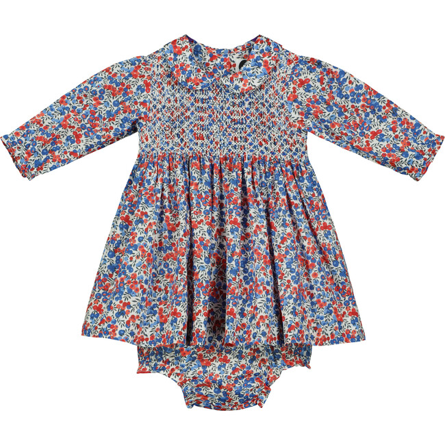 Holly Hand-Smocked Liberty Floral Print Baby Dress, Navy & Red
