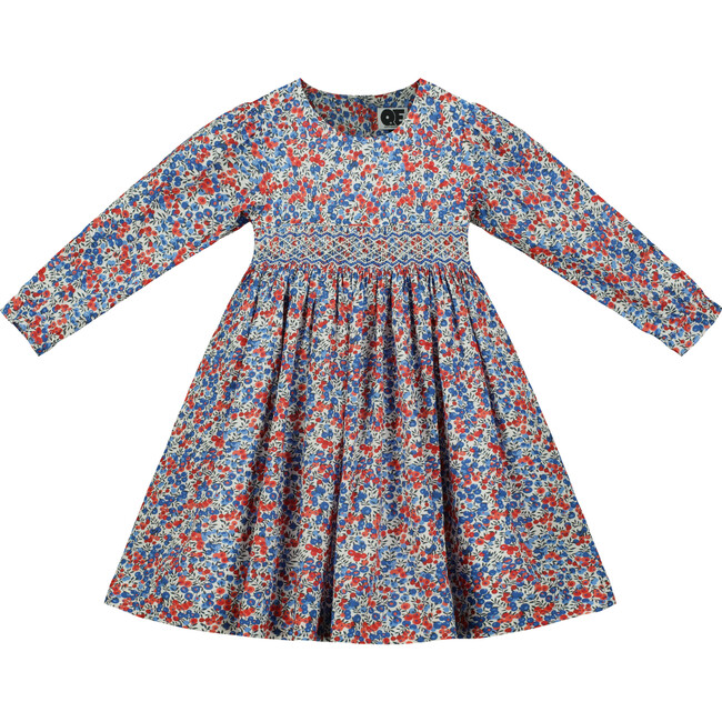 London Hand-Smocked Liberty Floral Print Girls Dress, Navy & Blue