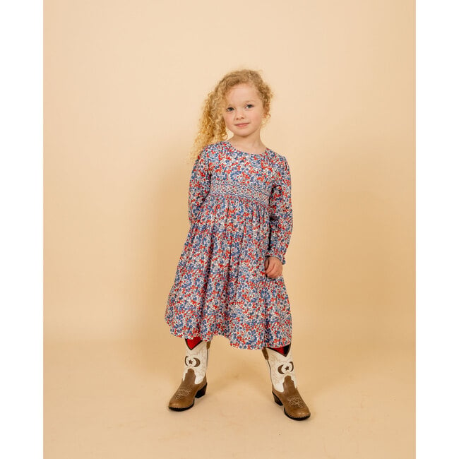 London Hand-Smocked Liberty Floral Print Girls Dress, Navy & Blue - Dresses - 2