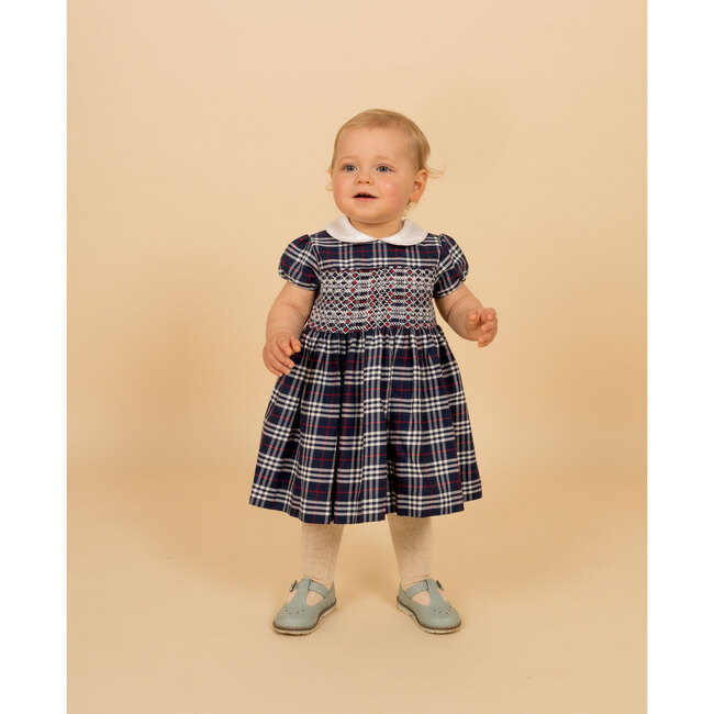 Liverpool Hand-Smocked Tartan Baby Dress, Navy & White - Dresses - 2