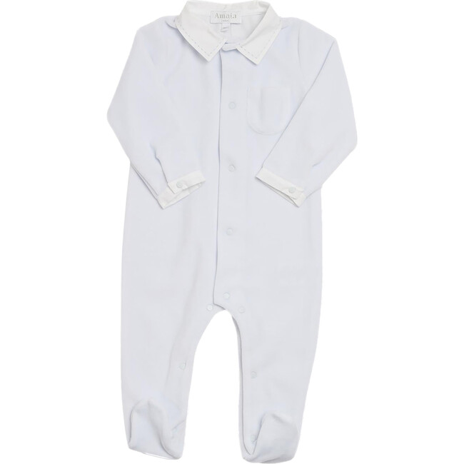 Velour Embroidered Collar Buttoned Babygrow, Light Blue