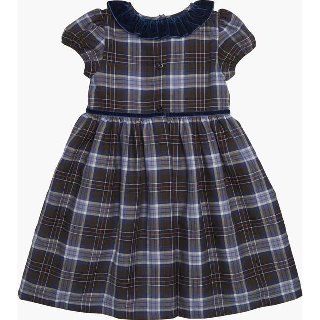 Raisin Velvet Ruffle Collar Tartan Dress, Blue - Dresses - 3