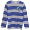 Striped Print Crew Neck Long Sleeve Tee, Indigo - T-Shirts - 1 - thumbnail