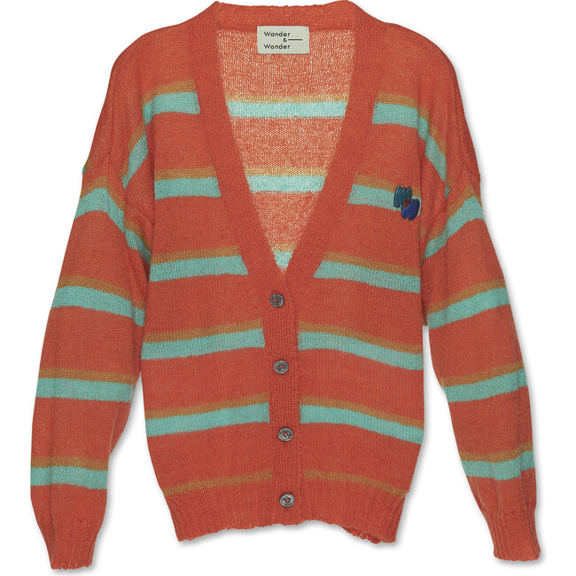 Ww Logo Embroidered V-Neck Striped Buttoned Cardigan, Tangerine