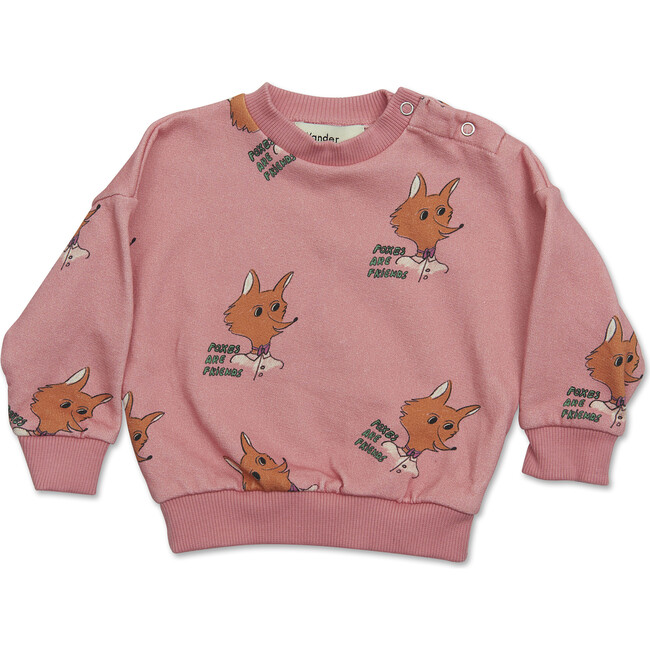 Baby Fox Print Ribbed Neck & Cuff Sweatshirt, Punch