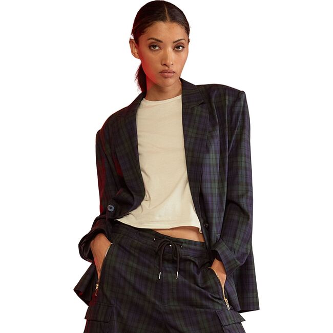 Women's Plaid Oversized Blazer, Black Watch - Blazers & Sport Coats - 1