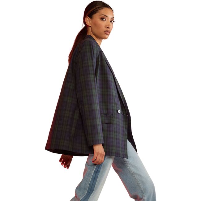 Women's Plaid Oversized Blazer, Black Watch - Blazers & Sport Coats - 2