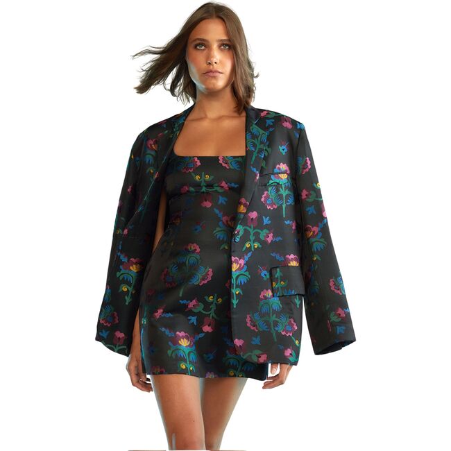 Women's Jacquard Oversized Blazer, Black & Multicolors - Blazers & Sport Coats - 3