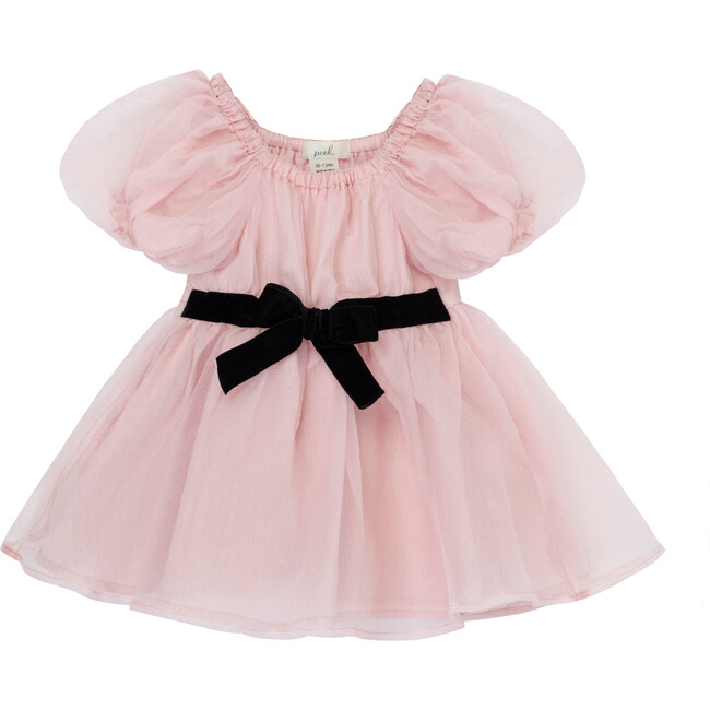Baby Puff Sleeve Velvet Bow Organza Tulle Dress, Pink