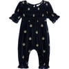 Baby Glitter Tree Beddeck Smocked Sleeve Velour Jumpsuit, Navy - Rompers - 1 - thumbnail