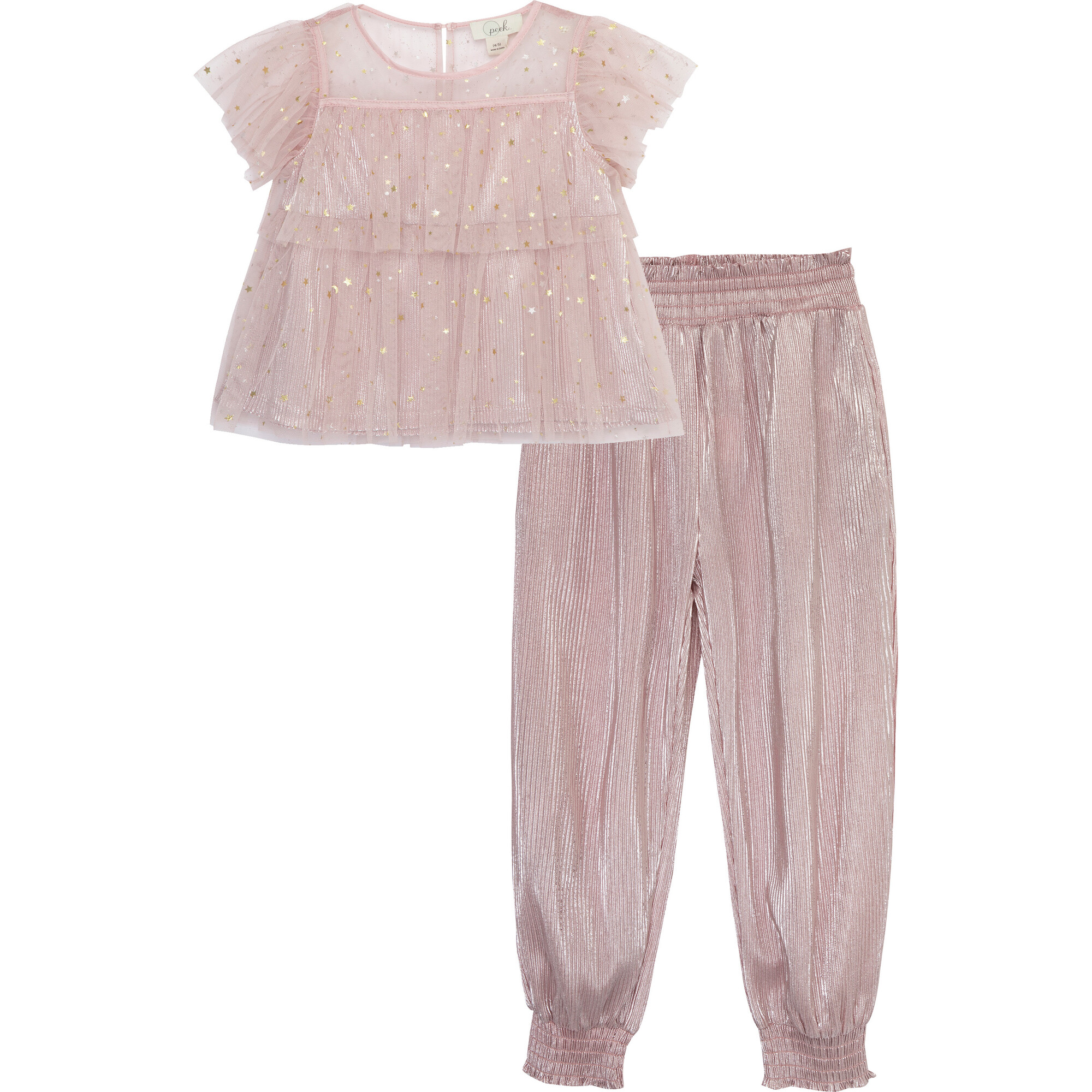 Sparkle Mesh Top & Metallic Jogger Set, Pink - Mixed Apparel Set - 1