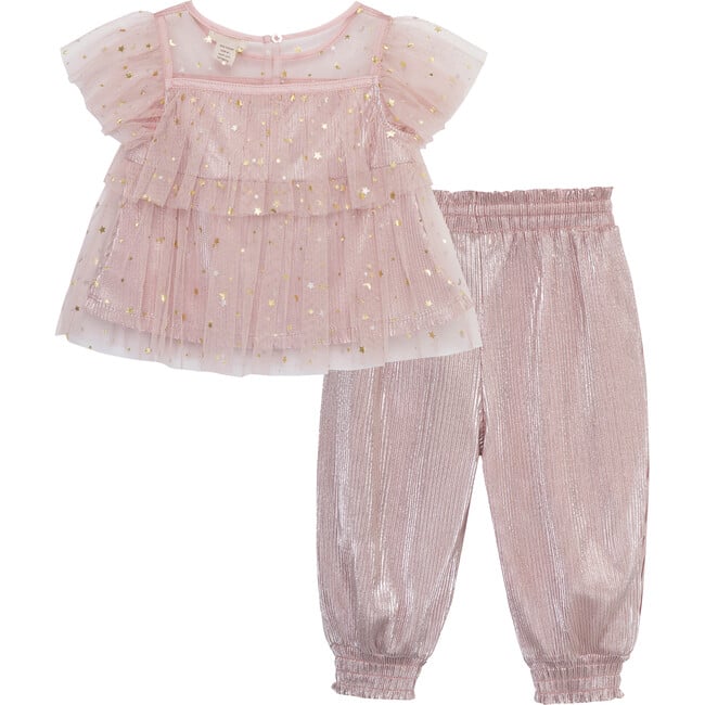 Baby Sparkle Mesh Top & Metallic Jogger Set, Pink - Mixed Apparel Set - 2