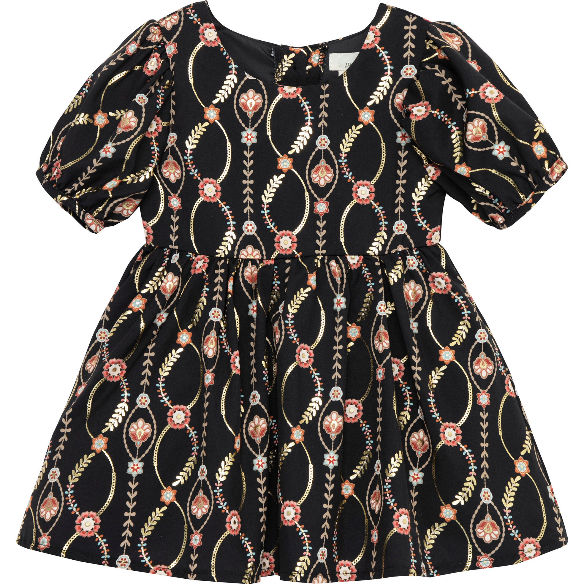 Baby Infinity Floral Vine Puff Sleeve Woven Dress, Black - Dresses - 1