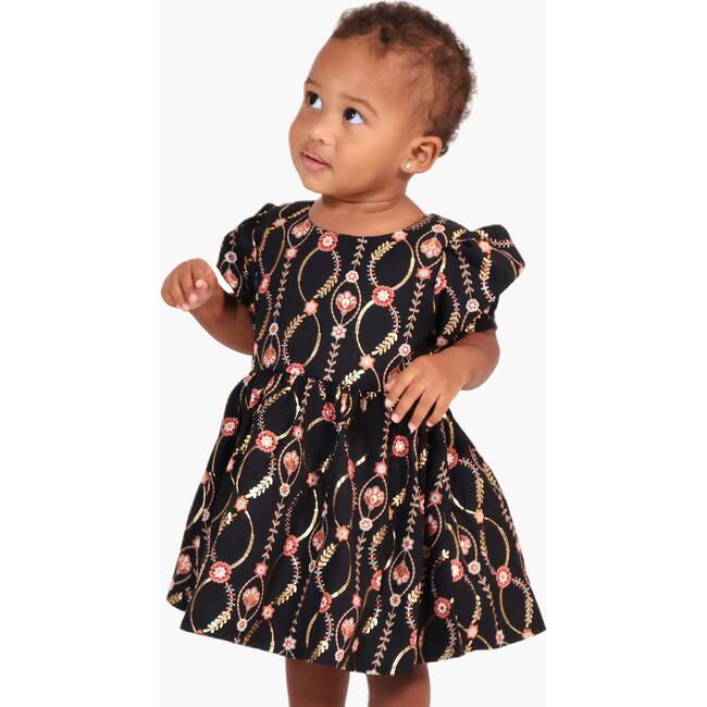 Baby Infinity Floral Vine Puff Sleeve Woven Dress, Black - Dresses - 4