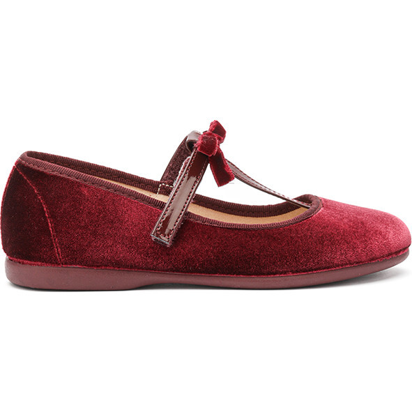 Velvet T-Strap Party Shoes, Burgundy - T-Straps - 1