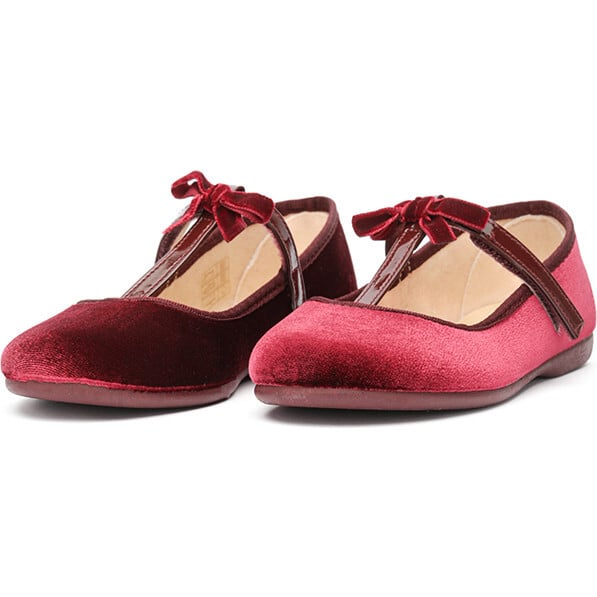 Velvet T-Strap Party Shoes, Burgundy - T-Straps - 2