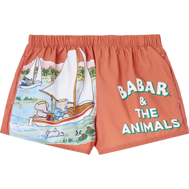 Babar x The Animals Observatory Elephant Boat Puppy Kids Swimsuit, Orange