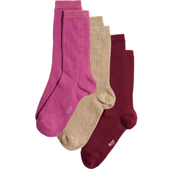 Women's Eco-Conscious Cashmere Socks, Amarylias, Plum & Nude (Pack Of 3)