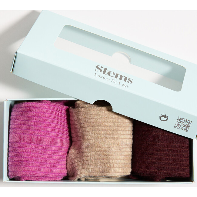 Women's Eco-Conscious Cashmere Socks, Amarylias, Plum & Nude (Pack Of 3) - Socks - 2