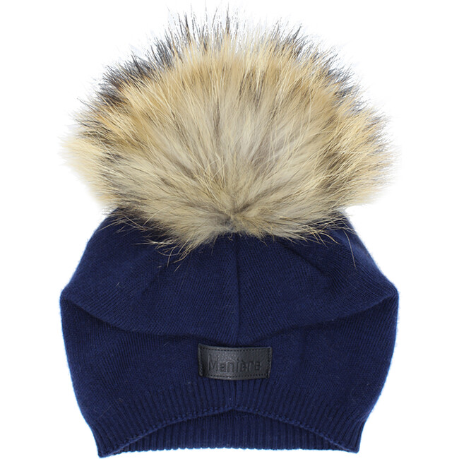 Knit Wool Faux Fur Pom Pom Hat, Navy - Hats - 1