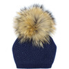 Knit Wool Faux Fur Pom Pom Hat, Navy - Hats - 2