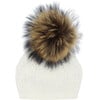 Knit Wool Faux Fur Pom Pom Hat, White - Hats - 1 - thumbnail