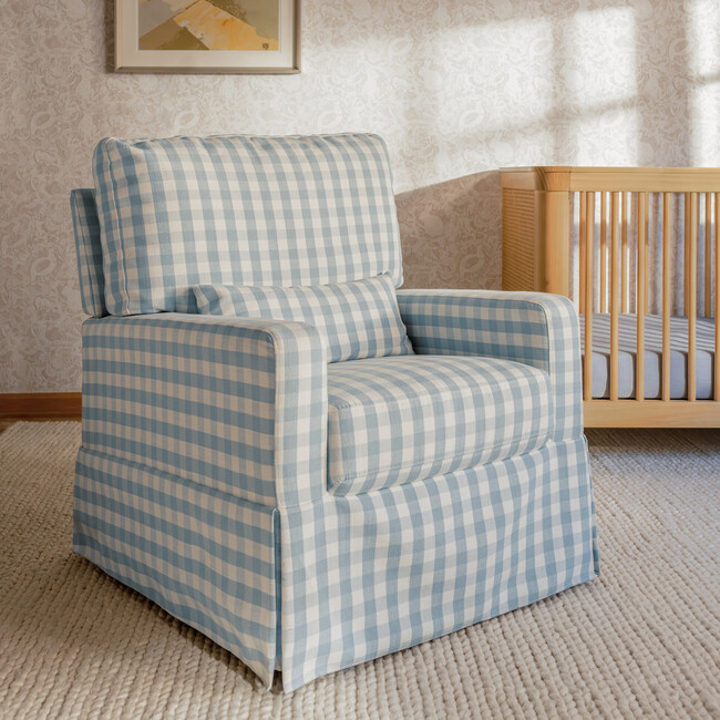 Maisonette x Namesake Crawford Pillowback Comfort Swivel Glider, Blue Gingham - Nursery Chairs - 11