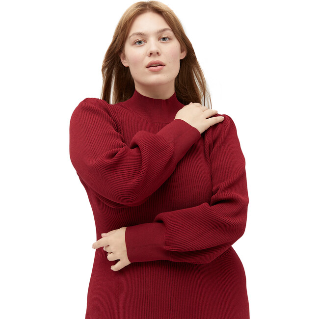 Women's The Persephone Ribbed High Neck Long Cuffed Sleeve Dress, Dark Cherry - Dresses - 4