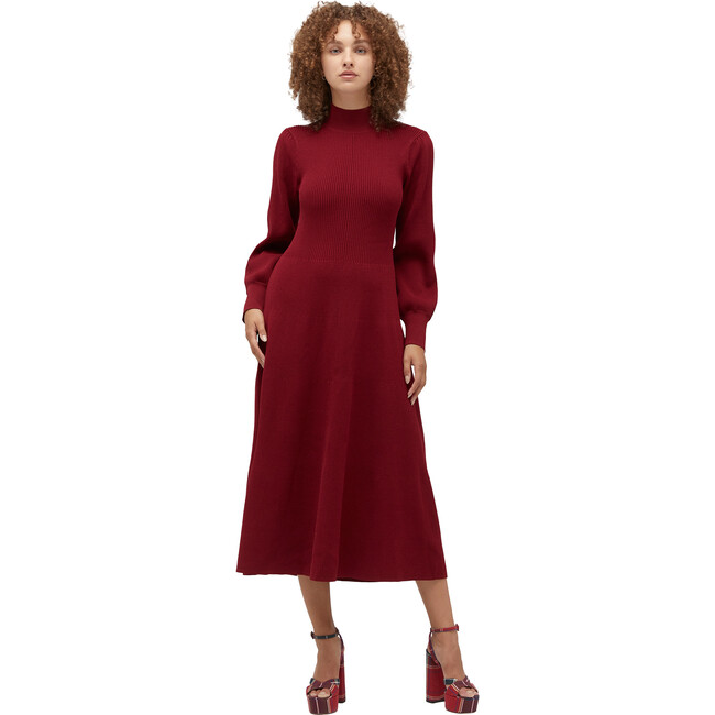 Women's The Persephone Ribbed High Neck Long Cuffed Sleeve Dress, Dark Cherry - Dresses - 5