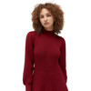 Women's The Persephone Ribbed High Neck Long Cuffed Sleeve Dress, Dark Cherry - Dresses - 7