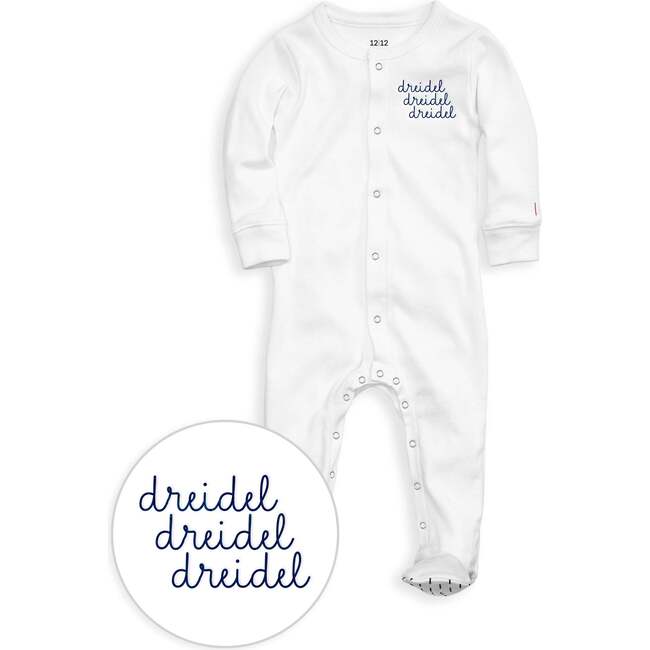 The Organic Embroidered Snap Footie, White Dreidel Dreidel Dreidel