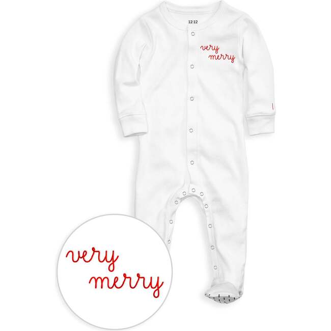 The Organic Embroidered Snap Footie, White Very Merry