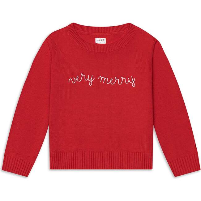 The Organic Embroidered Crew Neck Sweater, Candy Red Very Merry
