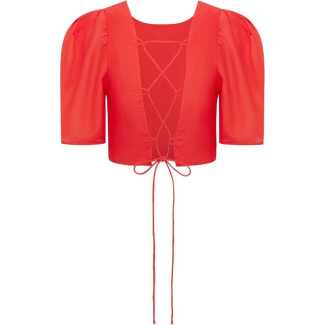 Women's Cosmo Shot Puff Sleeve Criss-Cross Tie Back Top, Candy Apple - Shirts - 4