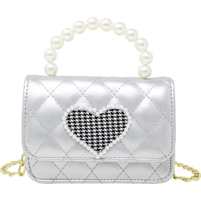 Quilted Pearl Handle Heart Bag, Silver
