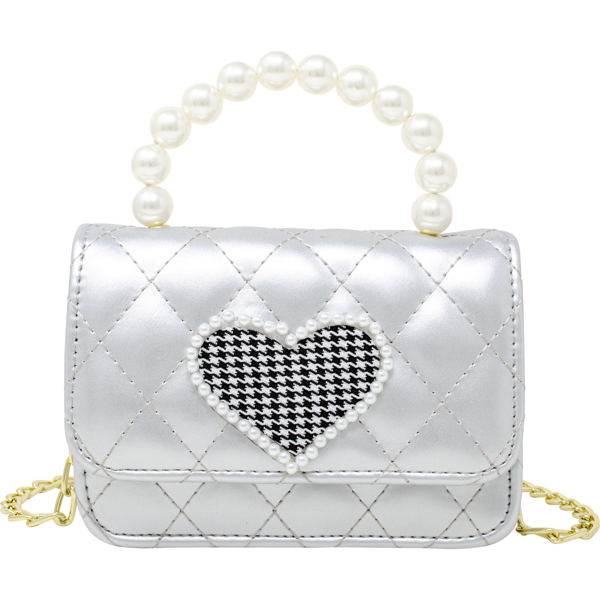 Quilted Pearl Handle Heart Bag, Silver - Zomi Gems Bags
