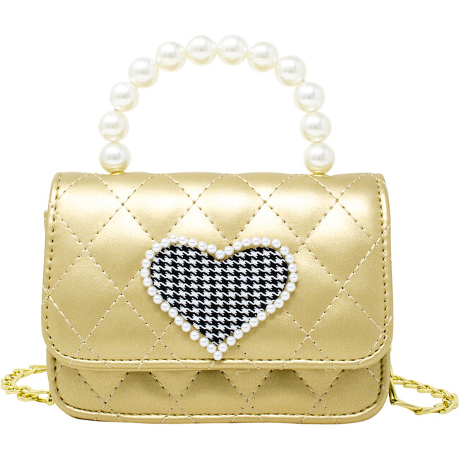 Quilted Pearl Handle Heart Bag, Gold