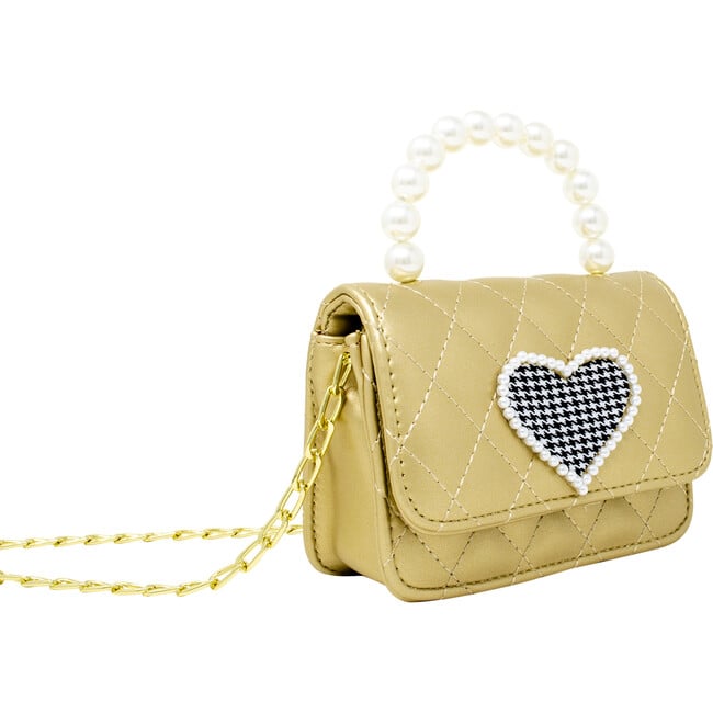 Quilted Pearl Handle Heart Bag, Gold - Bags - 3