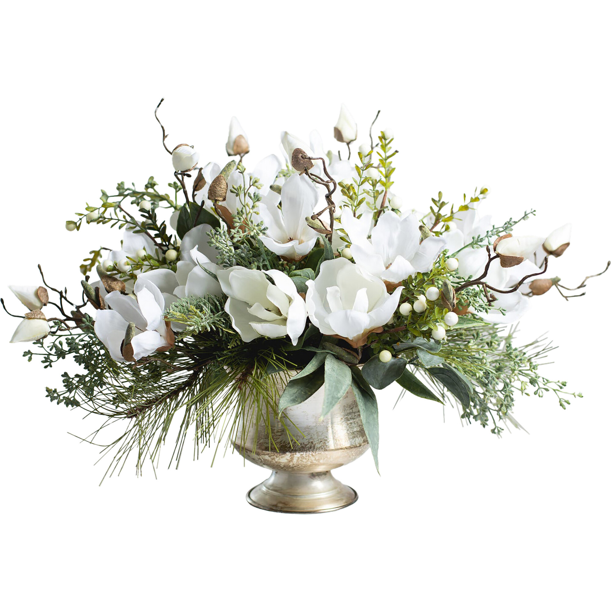 Winter White Magnolia, Pine & Snowberry Centerpiece - Bouquets - 1
